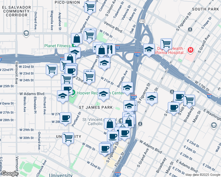 map of restaurants, bars, coffee shops, grocery stores, and more near 2118 Park Grove Avenue in Los Angeles