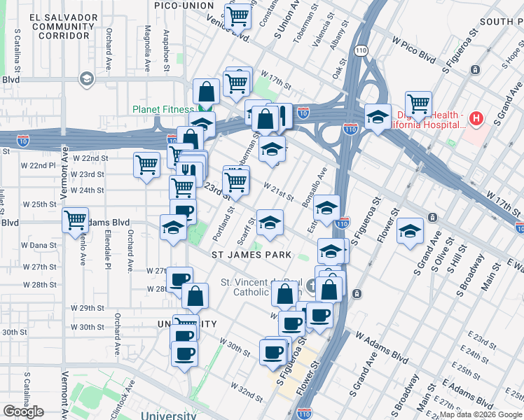 map of restaurants, bars, coffee shops, grocery stores, and more near 861 West 23rd Street in Los Angeles