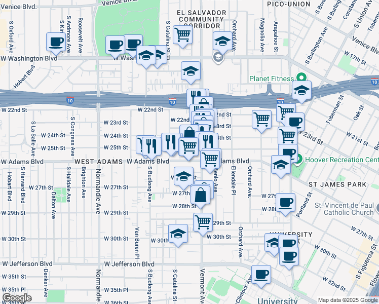 map of restaurants, bars, coffee shops, grocery stores, and more near 1449 West Adams Boulevard in Los Angeles