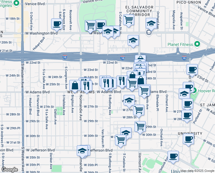 map of restaurants, bars, coffee shops, grocery stores, and more near 2500 South Budlong Avenue in Los Angeles