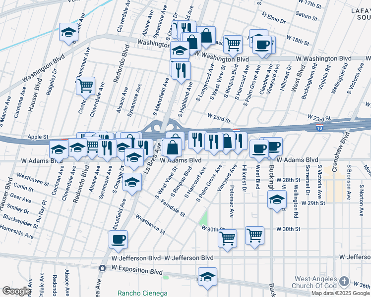 map of restaurants, bars, coffee shops, grocery stores, and more near 2501 South West View Street in Los Angeles