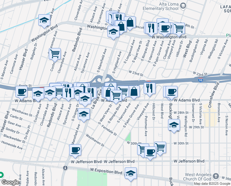 map of restaurants, bars, coffee shops, grocery stores, and more near 2501 South West View Street in Los Angeles