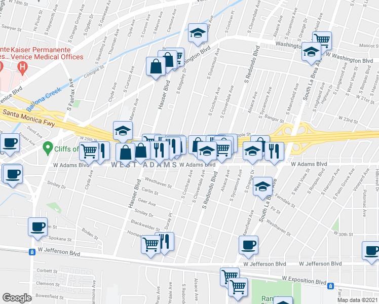 map of restaurants, bars, coffee shops, grocery stores, and more near 2524 South Dunsmuir Avenue in Los Angeles