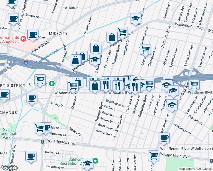 map of restaurants, bars, coffee shops, grocery stores, and more near 2520 Hauser Boulevard in Los Angeles