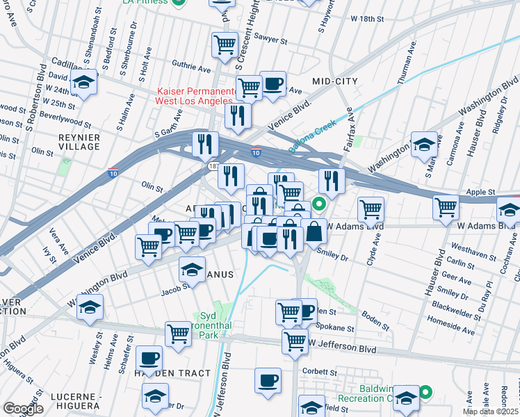 map of restaurants, bars, coffee shops, grocery stores, and more near in Culver City
