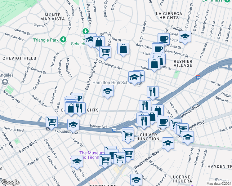 map of restaurants, bars, coffee shops, grocery stores, and more near 3046 Bagley Avenue in Los Angeles