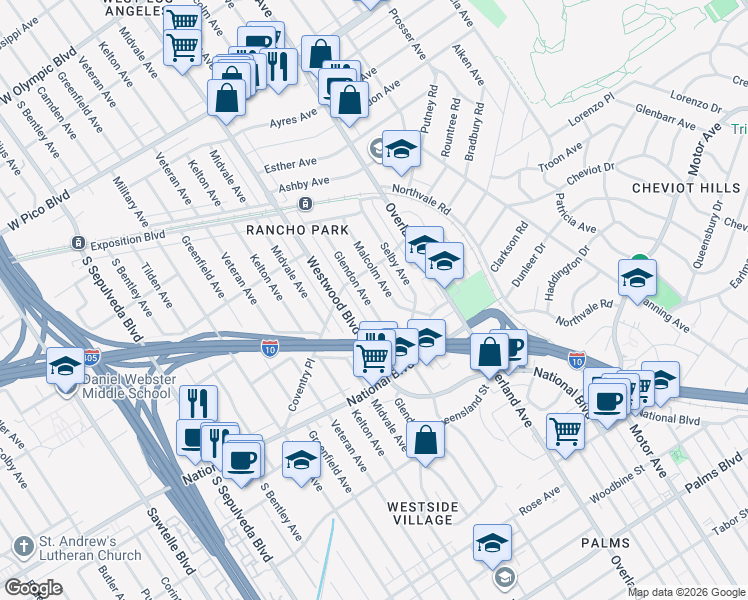 map of restaurants, bars, coffee shops, grocery stores, and more near 2821 Glendon Avenue in Los Angeles