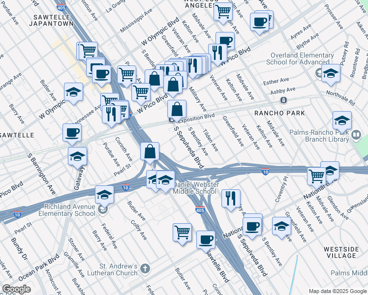 map of restaurants, bars, coffee shops, grocery stores, and more near 2578 South Sepulveda Boulevard in Los Angeles