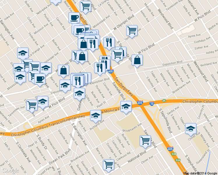map of restaurants, bars, coffee shops, grocery stores, and more near 2456 Corinth Avenue in Los Angeles