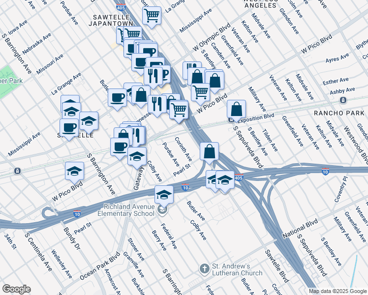 map of restaurants, bars, coffee shops, grocery stores, and more near 2456 Corinth Avenue in Los Angeles