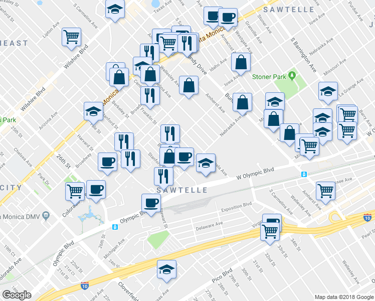 map of restaurants, bars, coffee shops, grocery stores, and more near in Los Angeles County