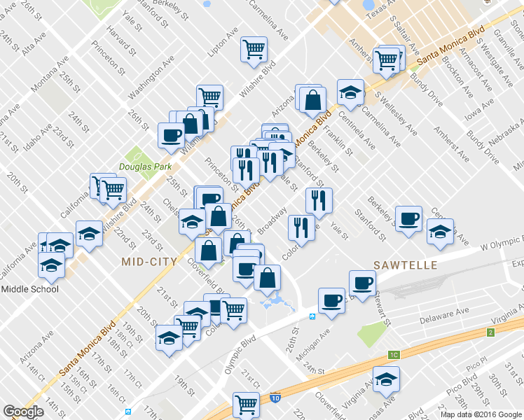 map of restaurants, bars, coffee shops, grocery stores, and more near 1452 Harvard Street in Santa Monica