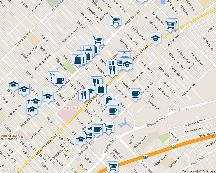 map of restaurants, bars, coffee shops, grocery stores, and more near in Santa Monica