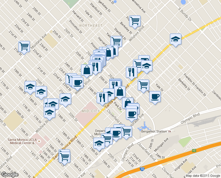 map of restaurants, bars, coffee shops, grocery stores, and more near 2510 Arizona Avenue in Santa Monica