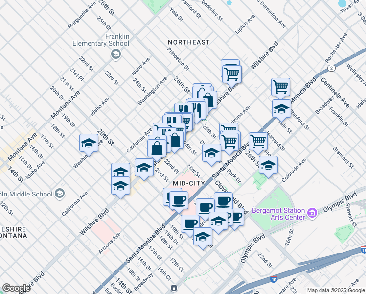 map of restaurants, bars, coffee shops, grocery stores, and more near 1231 24th Street in Santa Monica