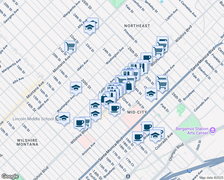 map of restaurants, bars, coffee shops, grocery stores, and more near 1133 22nd Street in Santa Monica
