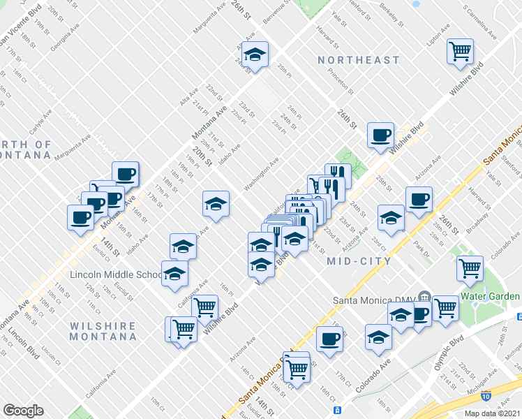 map of restaurants, bars, coffee shops, grocery stores, and more near 1041 20th Street in Santa Monica