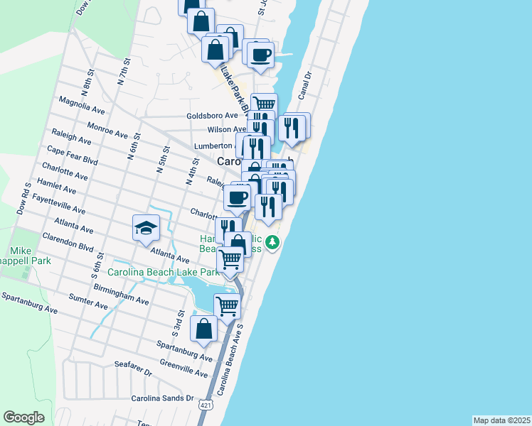 map of restaurants, bars, coffee shops, grocery stores, and more near 108 Cape Fear Boulevard in Carolina Beach