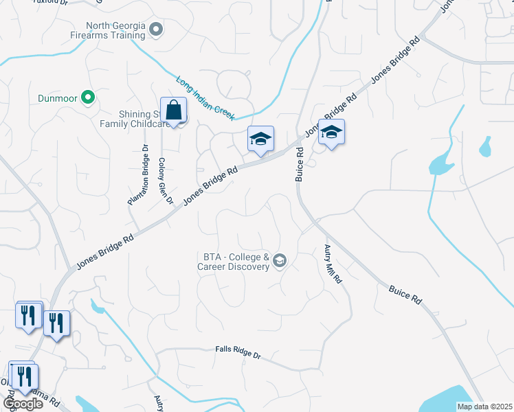 map of restaurants, bars, coffee shops, grocery stores, and more near 10355 Oxford Mill Circle in Alpharetta
