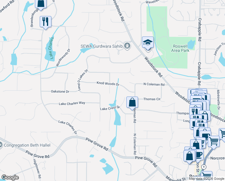 map of restaurants, bars, coffee shops, grocery stores, and more near 1265 Knoll Woods Court in Roswell