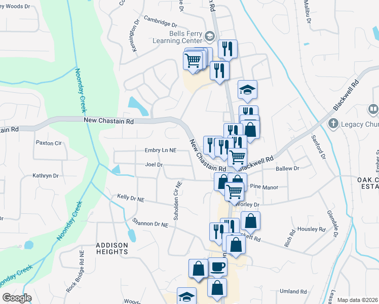 map of restaurants, bars, coffee shops, grocery stores, and more near 659 Embry Lane Northeast in Marietta