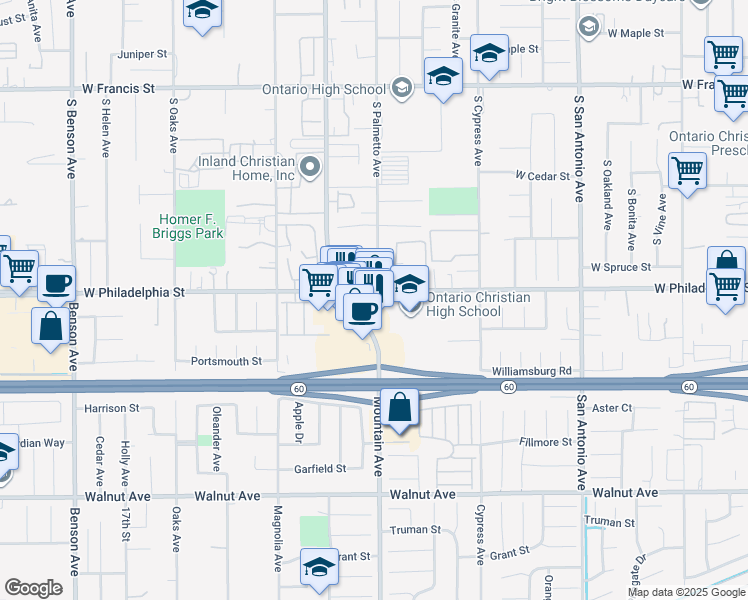 map of restaurants, bars, coffee shops, grocery stores, and more near 2205 South Mountain Avenue in Ontario