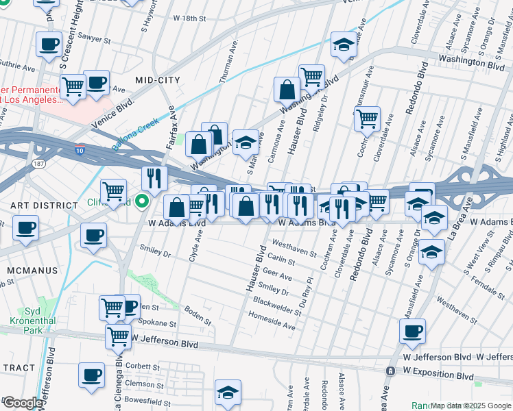 map of restaurants, bars, coffee shops, grocery stores, and more near 2531 1/2 Carmona Avenue in Los Angeles