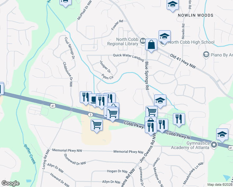 map of restaurants, bars, coffee shops, grocery stores, and more near 3158 Chapel Road Northwest in Kennesaw