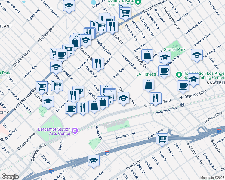 map of restaurants, bars, coffee shops, grocery stores, and more near 1731 Franklin Street in Santa Monica