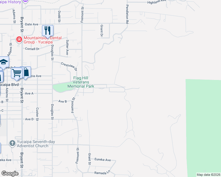 map of restaurants, bars, coffee shops, grocery stores, and more near 12151 Fremont Street in Yucaipa