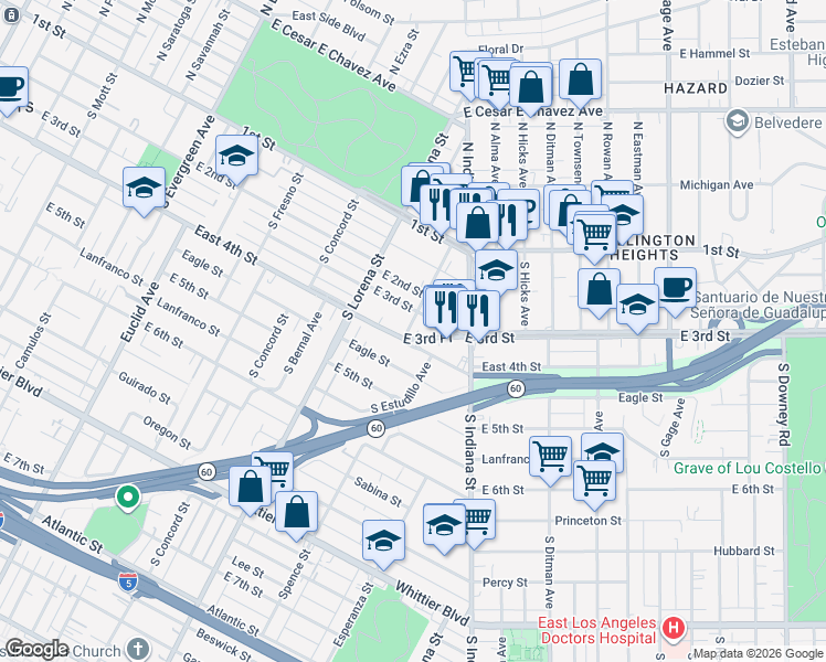 map of restaurants, bars, coffee shops, grocery stores, and more near 3501 East 3rd Place in Los Angeles