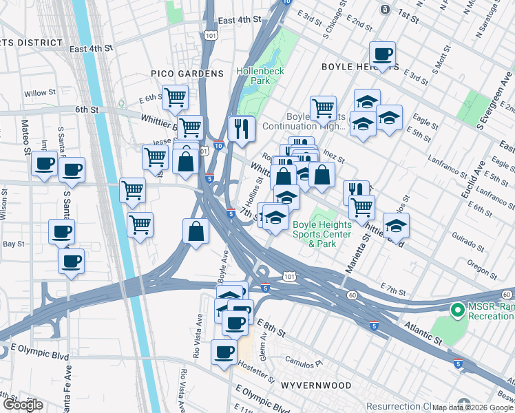 map of restaurants, bars, coffee shops, grocery stores, and more near 959 South Breed Street in Los Angeles