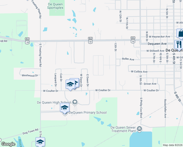 map of restaurants, bars, coffee shops, grocery stores, and more near 136 Broken Pine Street in De Queen