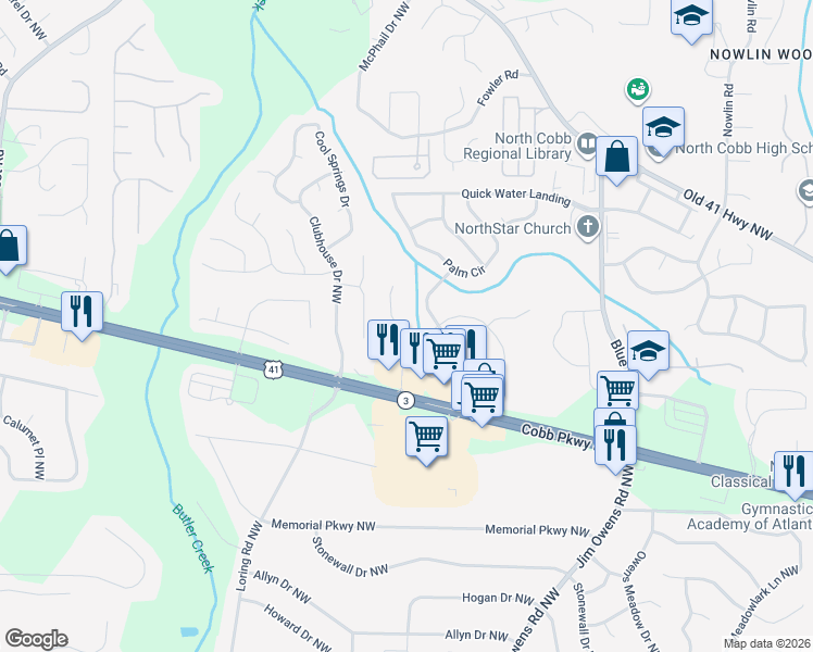 map of restaurants, bars, coffee shops, grocery stores, and more near 3560 Butler Springs Trace in Kennesaw