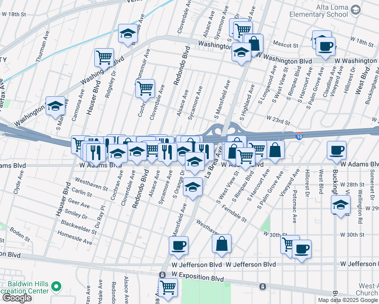 map of restaurants, bars, coffee shops, grocery stores, and more near 2523 South Orange Drive in Los Angeles