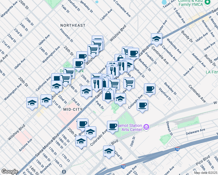 map of restaurants, bars, coffee shops, grocery stores, and more near in Santa Monica