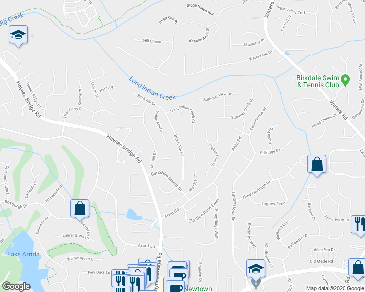 map of restaurants, bars, coffee shops, grocery stores, and more near 180 Birch Rill Drive in Alpharetta