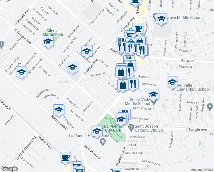 map of restaurants, bars, coffee shops, grocery stores, and more near 15401 Ector Street in La Puente