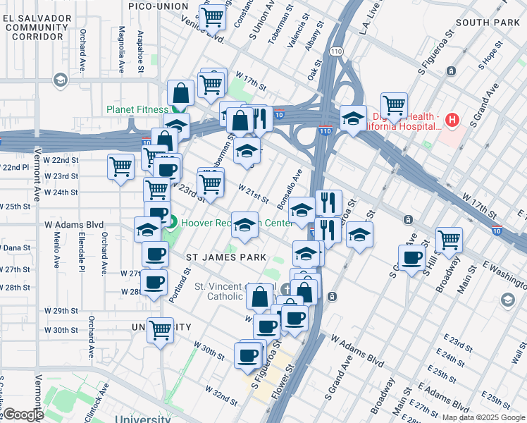 map of restaurants, bars, coffee shops, grocery stores, and more near 2118 Park Grove Avenue in Los Angeles