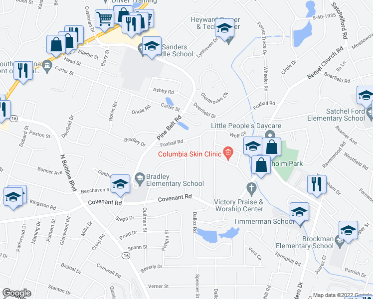 map of restaurants, bars, coffee shops, grocery stores, and more near 3227 Dennis Drive in Columbia