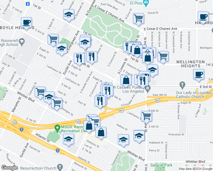 map of restaurants, bars, coffee shops, grocery stores, and more near 436 South Bernal Avenue in Los Angeles