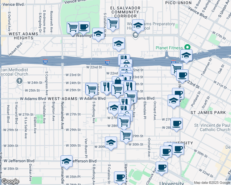 map of restaurants, bars, coffee shops, grocery stores, and more near 1449 West Adams Boulevard in Los Angeles