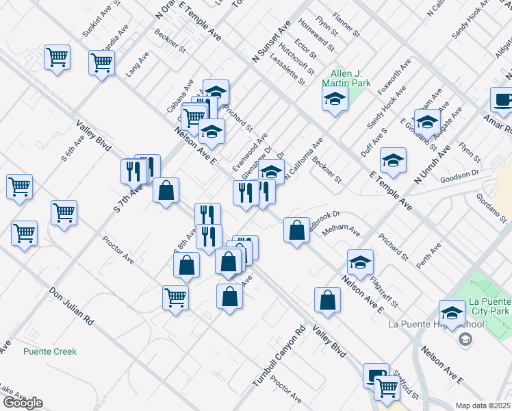 map of restaurants, bars, coffee shops, grocery stores, and more near 241 North California Avenue in La Puente