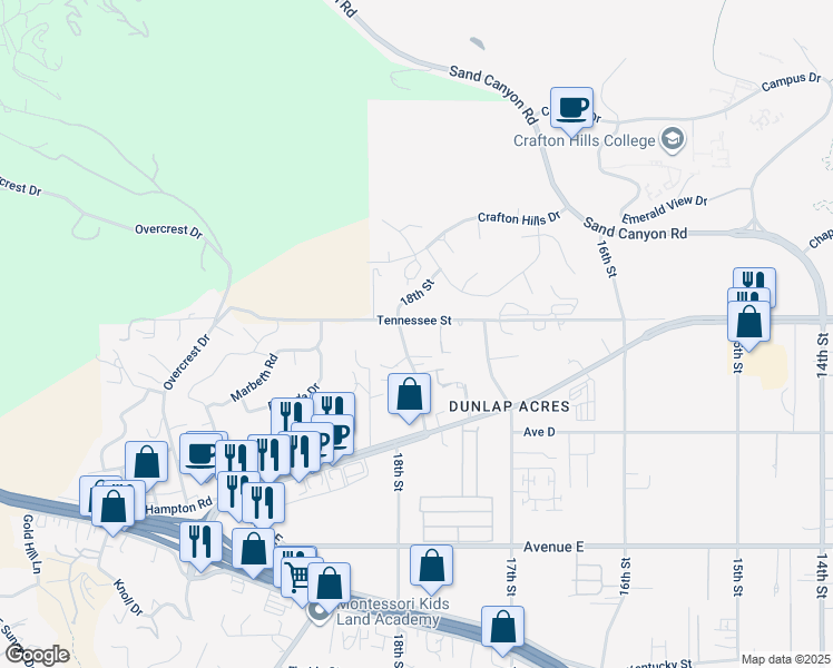 map of restaurants, bars, coffee shops, grocery stores, and more near 31763 Tennessee Street in Yucaipa