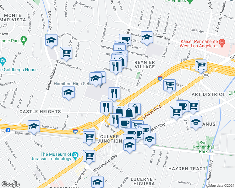 map of restaurants, bars, coffee shops, grocery stores, and more near 8970 Kramerwood Place in Los Angeles