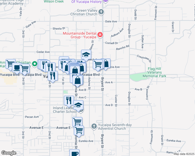 map of restaurants, bars, coffee shops, grocery stores, and more near 35261 Yucaipa Boulevard in Yucaipa