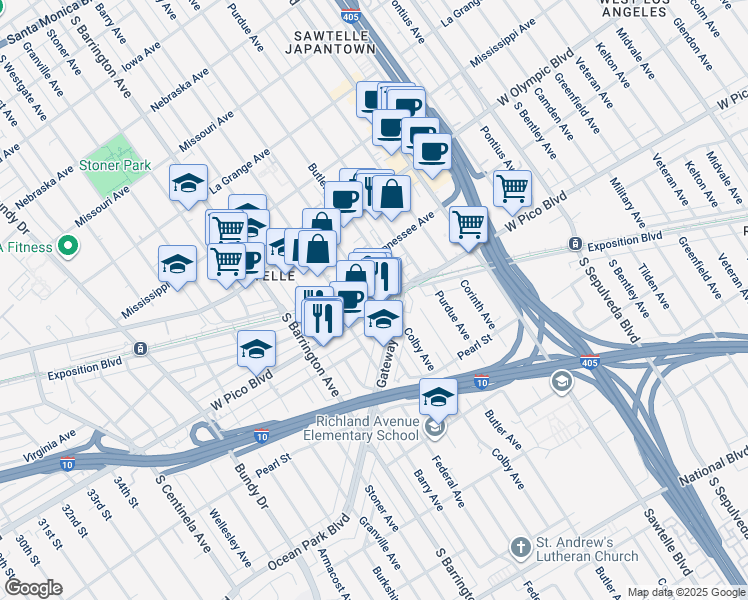 map of restaurants, bars, coffee shops, grocery stores, and more near 11504 Exposition Boulevard in Los Angeles