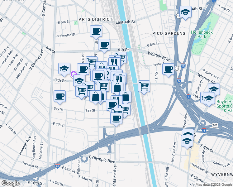 map of restaurants, bars, coffee shops, grocery stores, and more near 800 South Santa Fe Avenue in Los Angeles