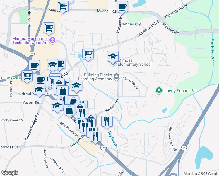 map of restaurants, bars, coffee shops, grocery stores, and more near 158 Willow Stream Court in Roswell