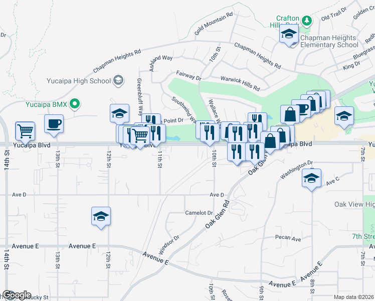 map of restaurants, bars, coffee shops, grocery stores, and more near 33223 Yucaipa Boulevard in Yucaipa